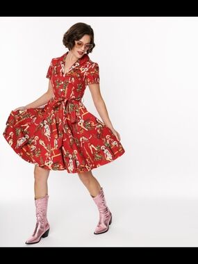 Red Cowgirl Print Shirt Dress